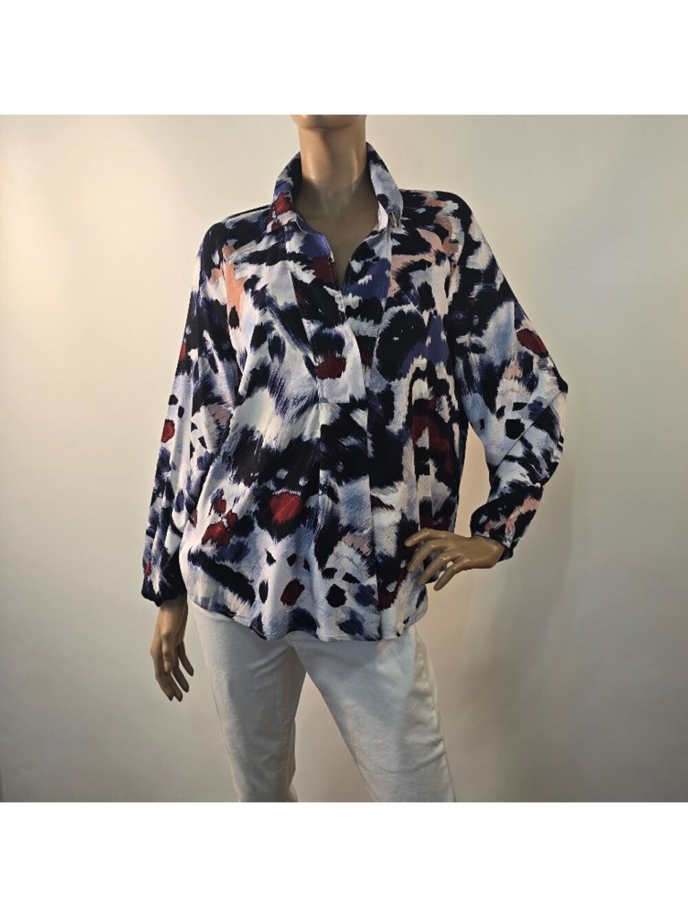 NIC+ZOE Blouse Colorful Painted Feathers Abstract Pattern Long Sleeve Size Large